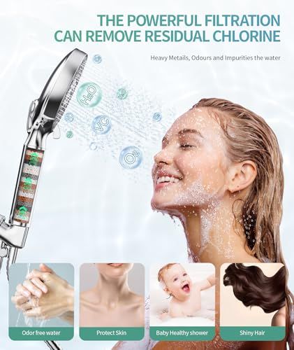 SR SUN RISE filtered shower head with handheld, high pressure 9 spray mode chrome shower head with filter, water softening filter beads for hard water - remove chlorine - reduce dry itching skin