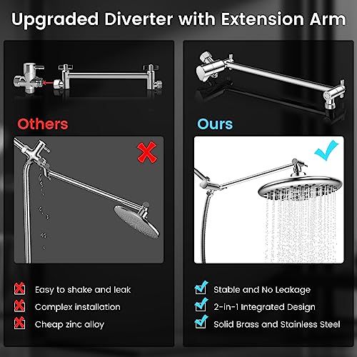FEELSO 10" High Pressure Shower Head Combo with Handheld Spray, 16 Settings, 11" Adjustable Arm, ON/OFF Pause Switch (Chrome)