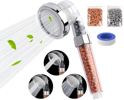 CLOUDFOUR Filtered Shower Head, High Pressure 3 Modes Water Saving Ionic Shower Head Mineral Beads Removes Chlorine/Purifies Water Reduces Dry Skin/Hair Fall (Transparent 3 Spray Modes)