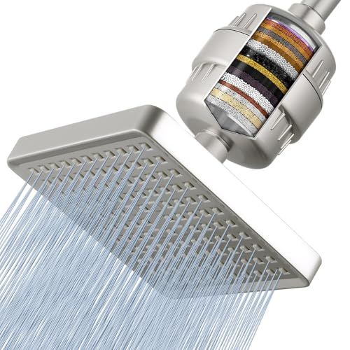 Voolan Filtered Shower Head - 20 Stage Luxury Rain Shower Filter For Hard Water for Remove Chlorine and Harmful Substances - 6" Square High Pressure Rainfall Showerhead (Brushed Nickel)