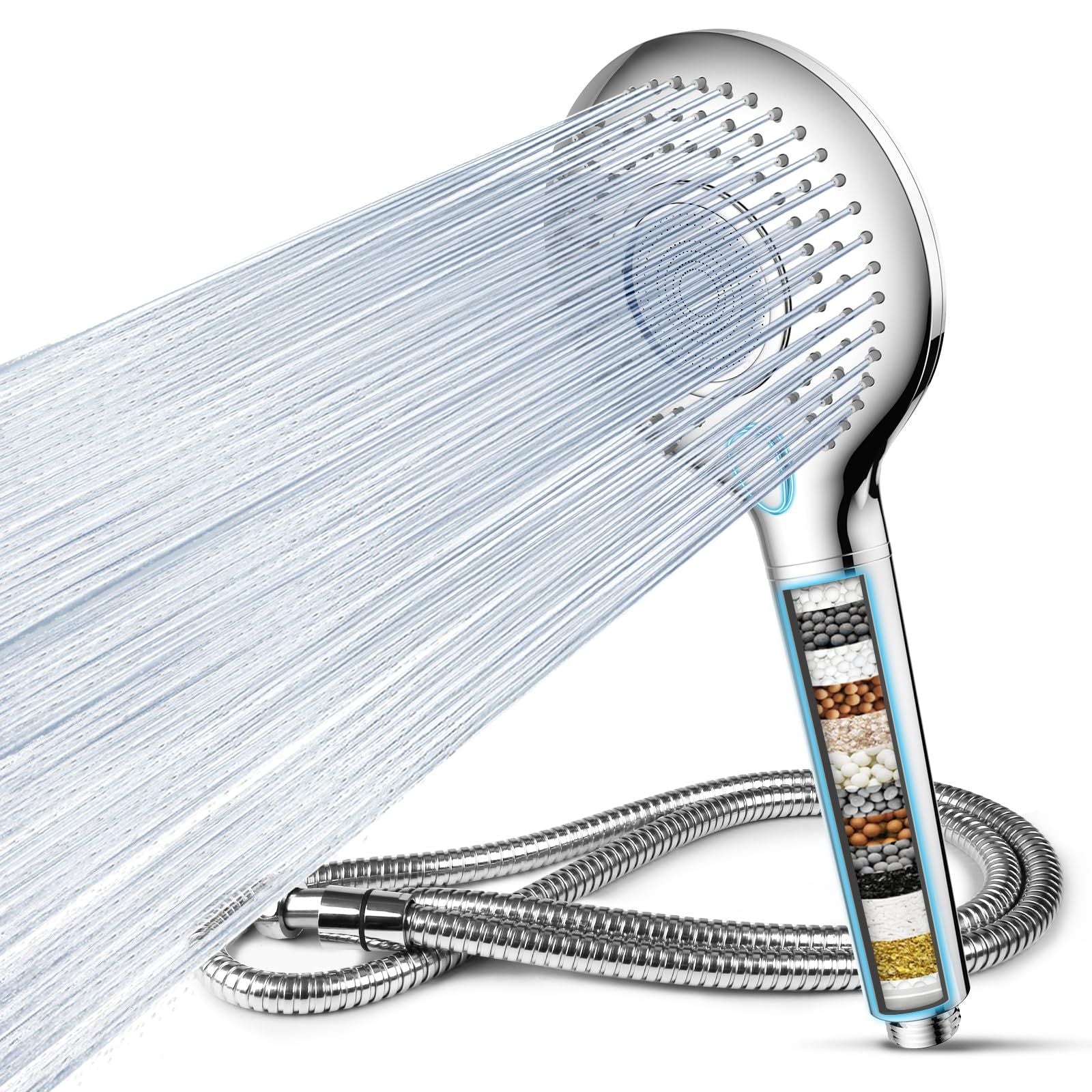 FEELSO Filtered Shower Head with Handheld, High Pressure 3 Spray Mode Showerhead with 15 Stage Water Softener Filters Beads for Hard Water - Remove Chlorine - Reduces Dry Itchy Skin
