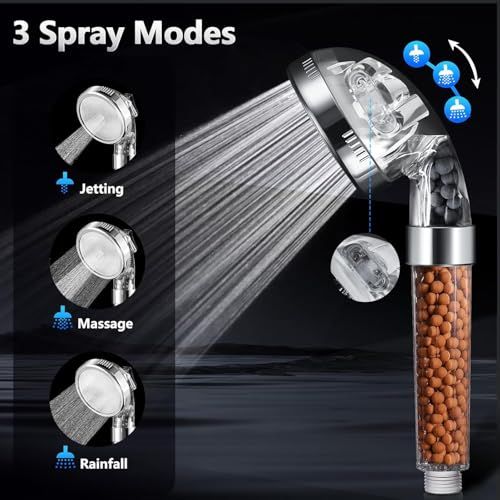 CLOUDFOUR Filtered Shower Head, High Pressure 3 Modes Water Saving Ionic Shower Head Mineral Beads Removes Chlorine/Purifies Water Reduces Dry Skin/Hair Fall (Transparent 3 Spray Modes)