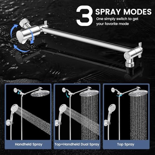 FEELSO 10" High Pressure Shower Head Combo with Handheld Spray, 16 Settings, 11" Adjustable Arm, ON/OFF Pause Switch (Chrome)
