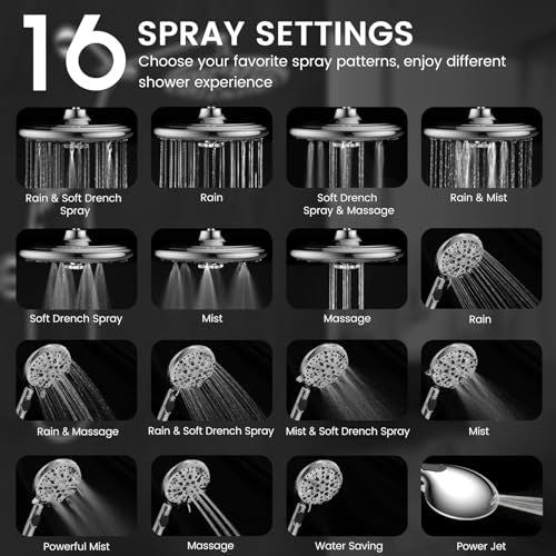 FEELSO 10" High Pressure Shower Head Combo with Handheld Spray, 16 Settings, 11" Adjustable Arm, ON/OFF Pause Switch (Chrome)