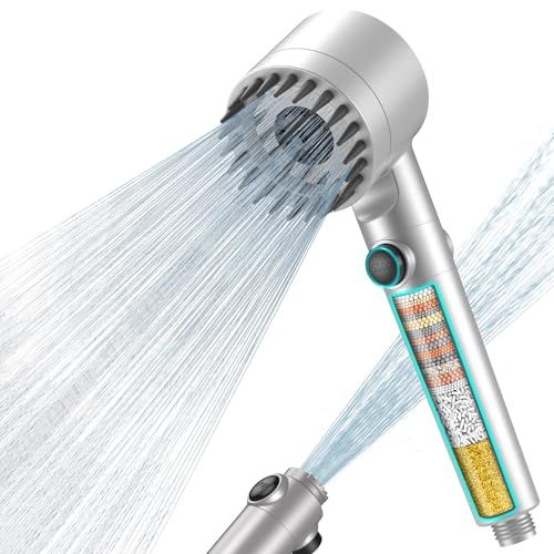 FEELSO Hard Water Filter Shower Head with 15 Stage Filter, 3+1 Spray Jet Modes High Pressure Shower Head and 1.5m Hose, Handheld Massage Shower Filter for Residual Chlorine Remove Silver