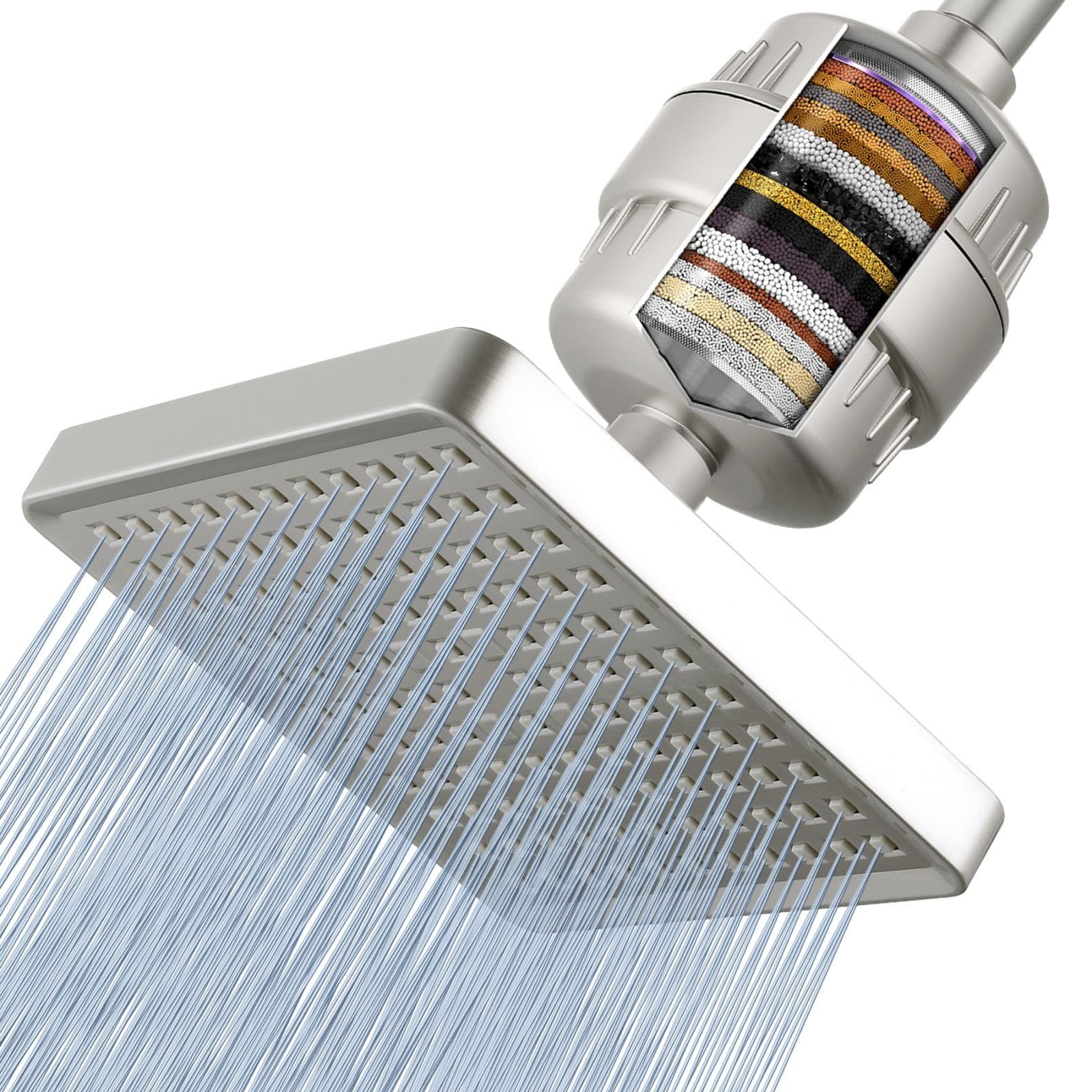 Voolan Filtered Shower Head - 20 Stage Luxury Rain Shower Filter For Hard Water for Remove Chlorine and Harmful Substances - 6" Square High Pressure Rainfall Showerhead (Brushed Nickel)